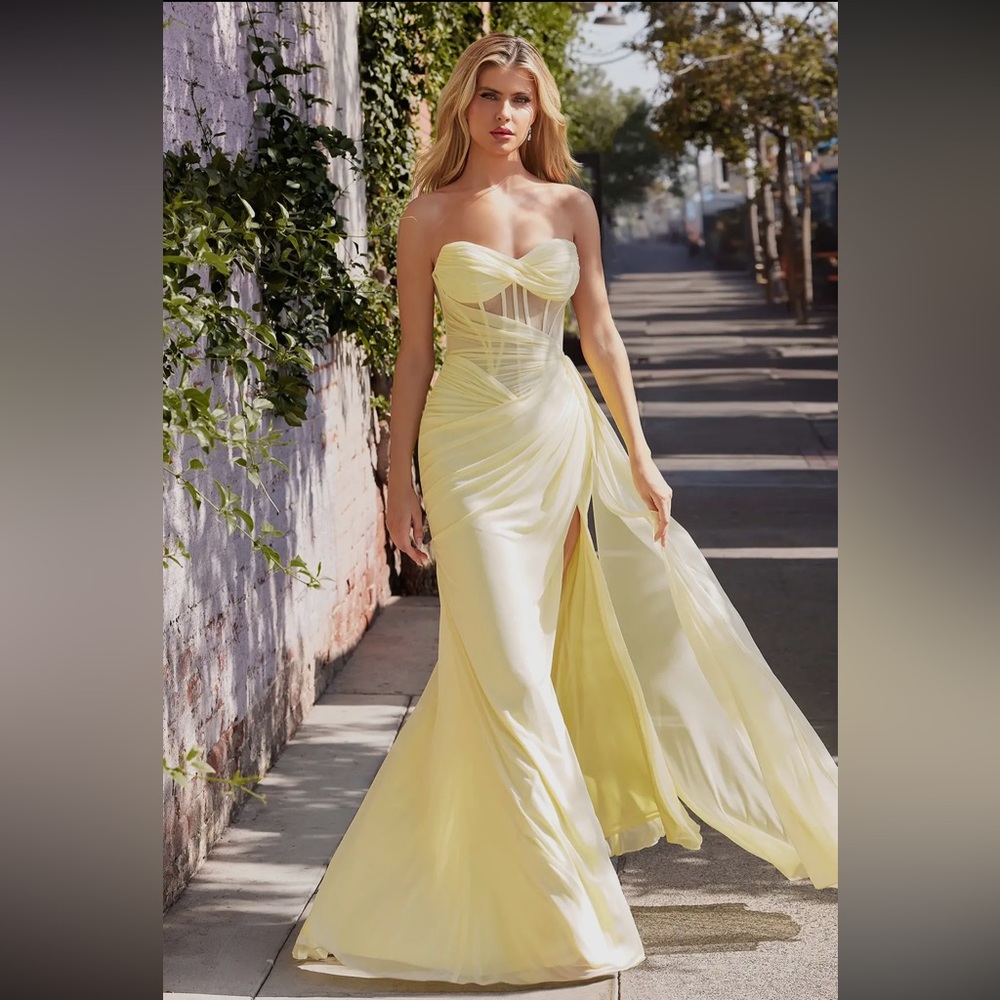 Strapless Yellow Evening Gown with Draped Bodice